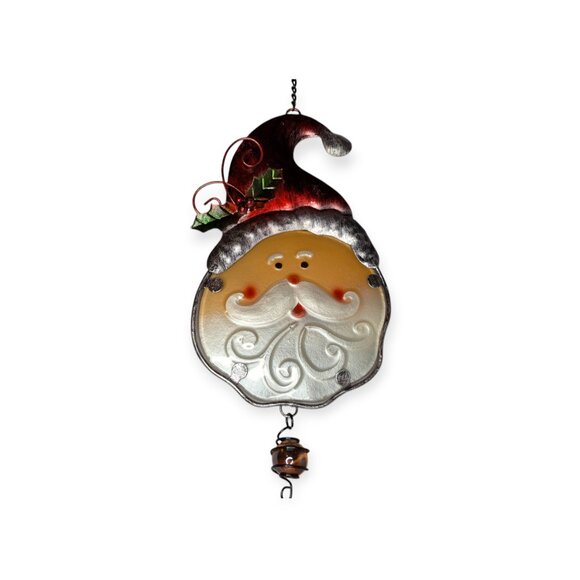 Iridescent Metal & Glass Hanging Santa Decoration 20" Long Christmas Red & White - Picture 3 of 8